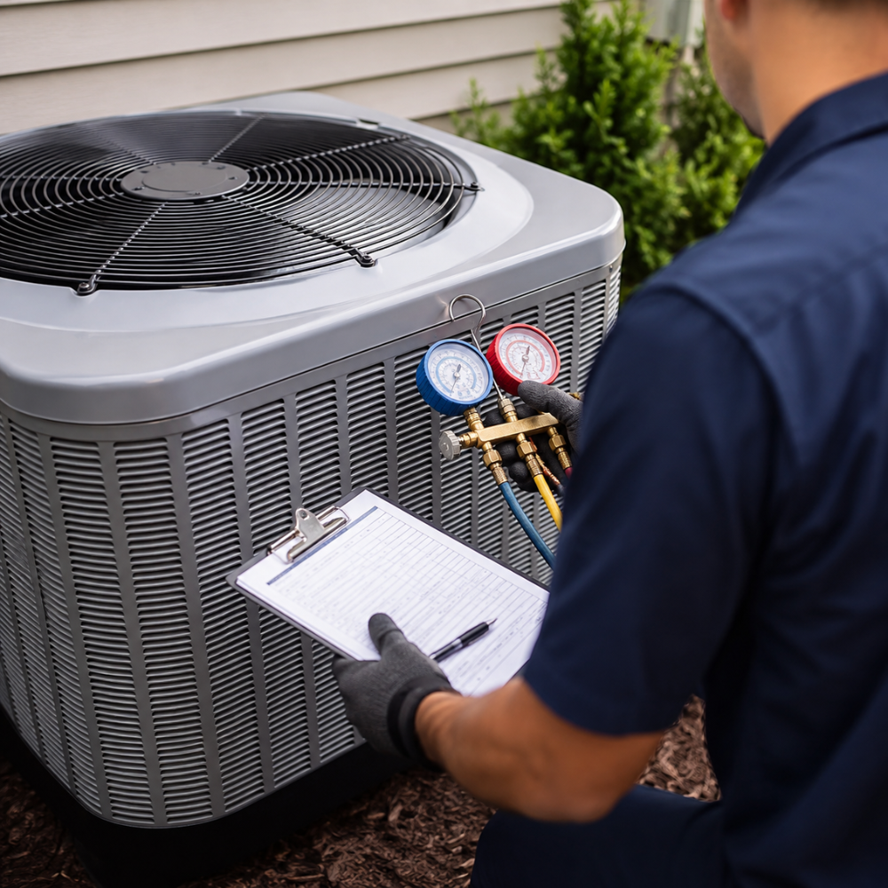 Technician repairing an outdoor air conditioning unit beside a house with a tool bag on the ground.