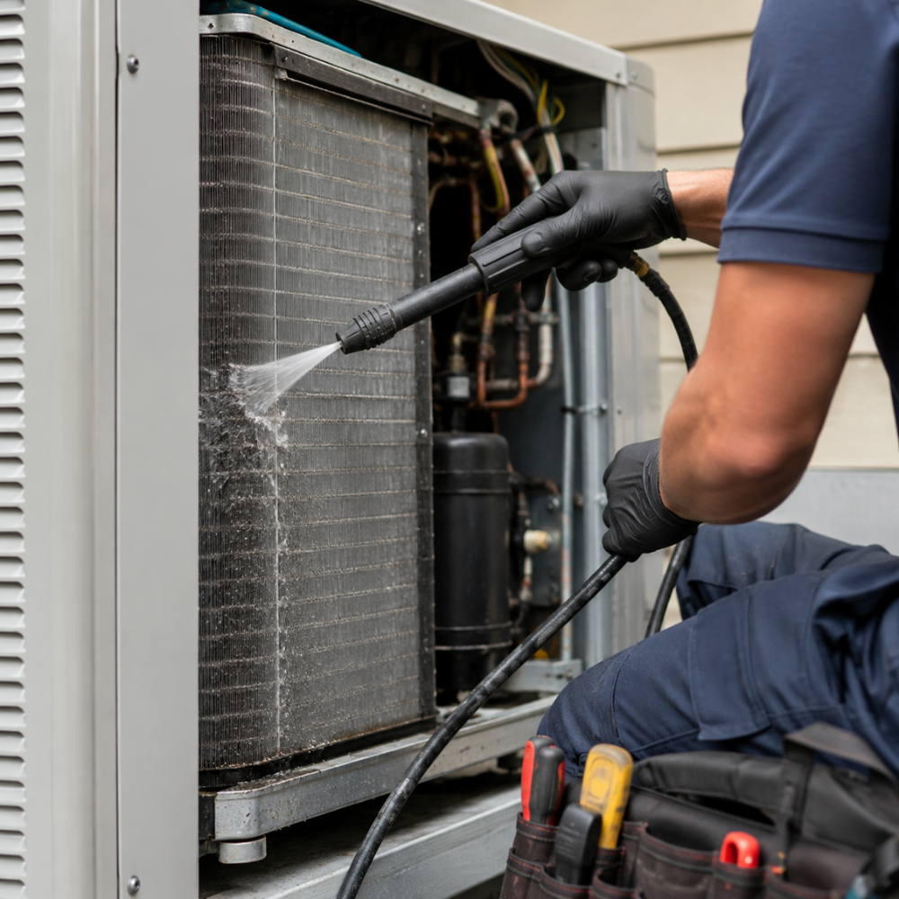 Technician in navy uniform repairing the inside of a furnace with tools in a basement.