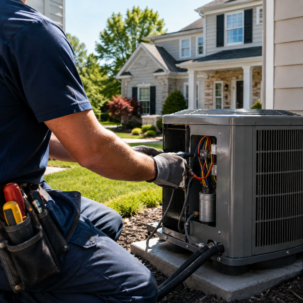 Technician repairing or installing an outdoor air conditioning unit at a house on a sunny day.