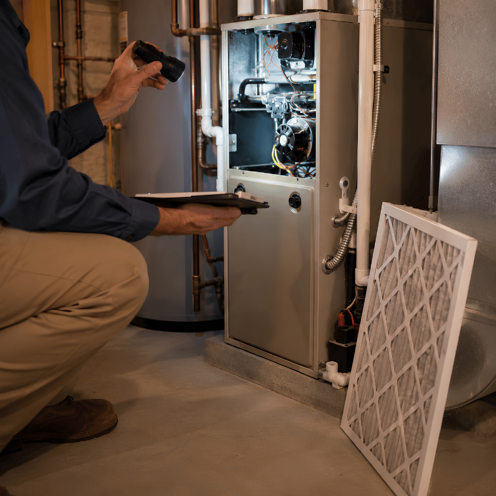 Technician repairing an outdoor air conditioning unit beside a house with a tool bag on the ground.