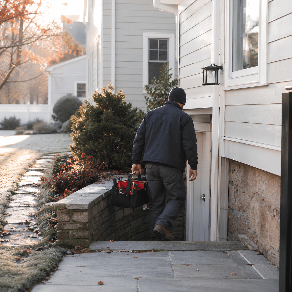 Technician repairing or installing an outdoor air conditioning unit at a house on a sunny day.