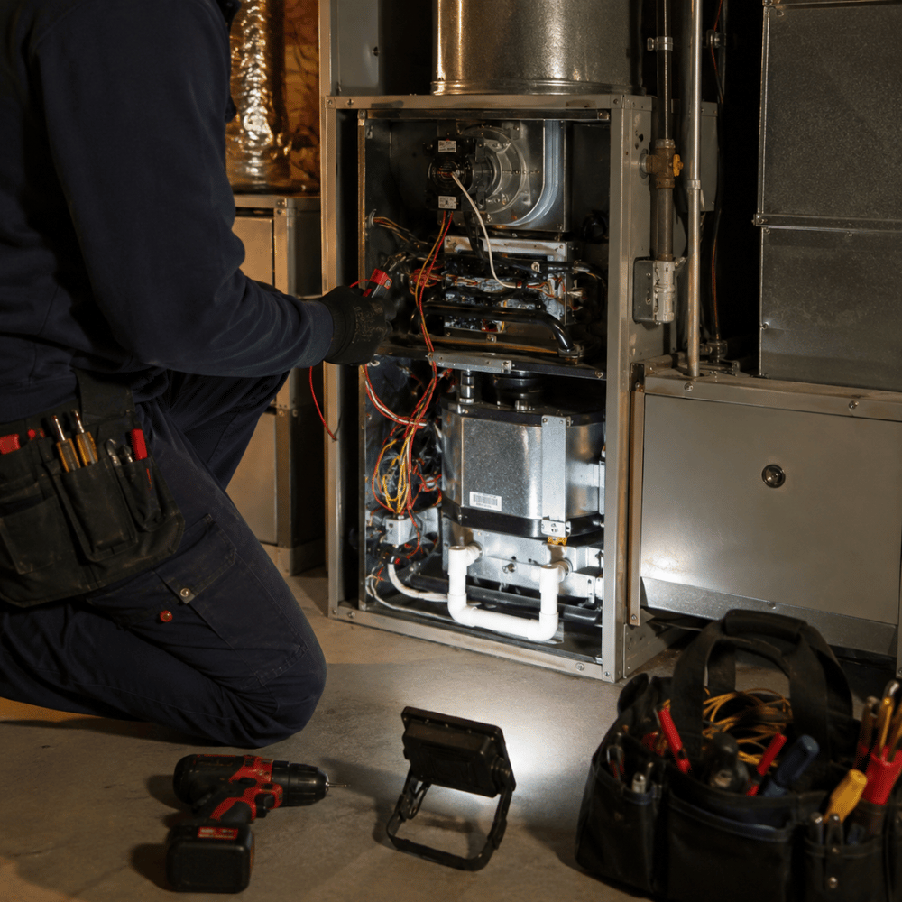 Technician in navy uniform repairing the inside of a furnace with tools in a basement.