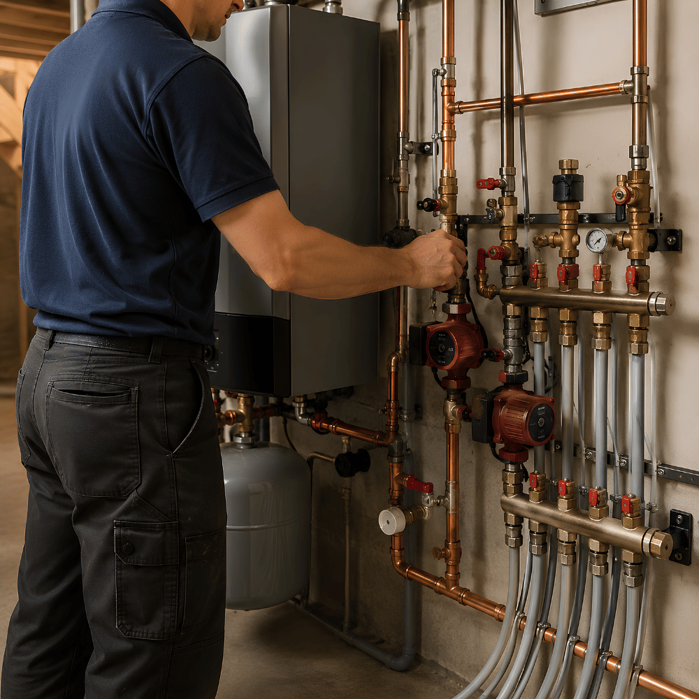 Technician adjusting valves on a modern copper plumbing and heating system in a basement.