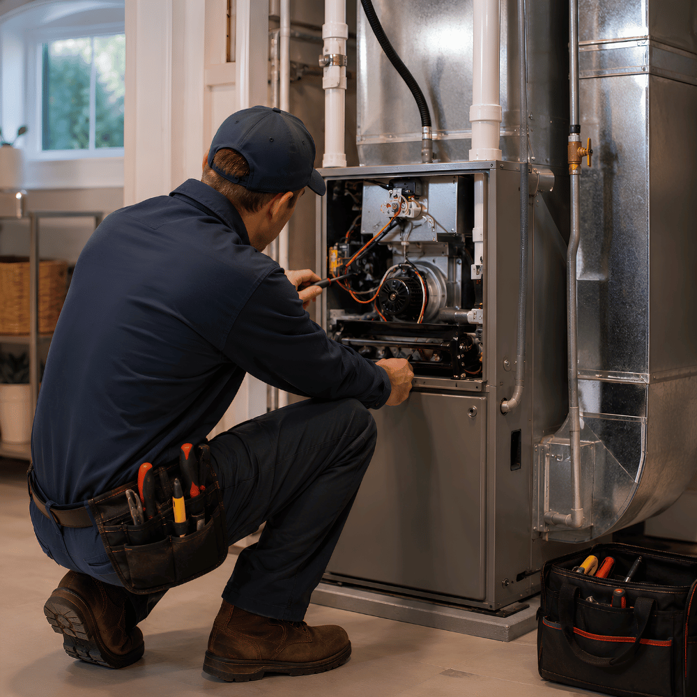 Technician in uniform repairing an open furnace with tools in a residential basement.
