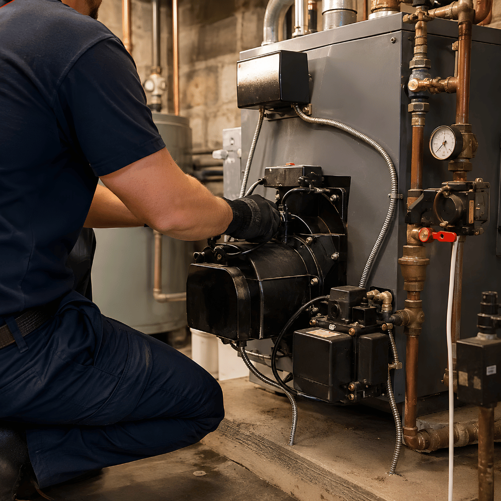 Technician wearing gloves kneeling while repairing or inspecting a heating furnace system.