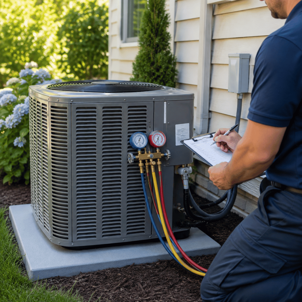 Technician kneeling outside a house checking HVAC unit with gauges and writing on clipboard.