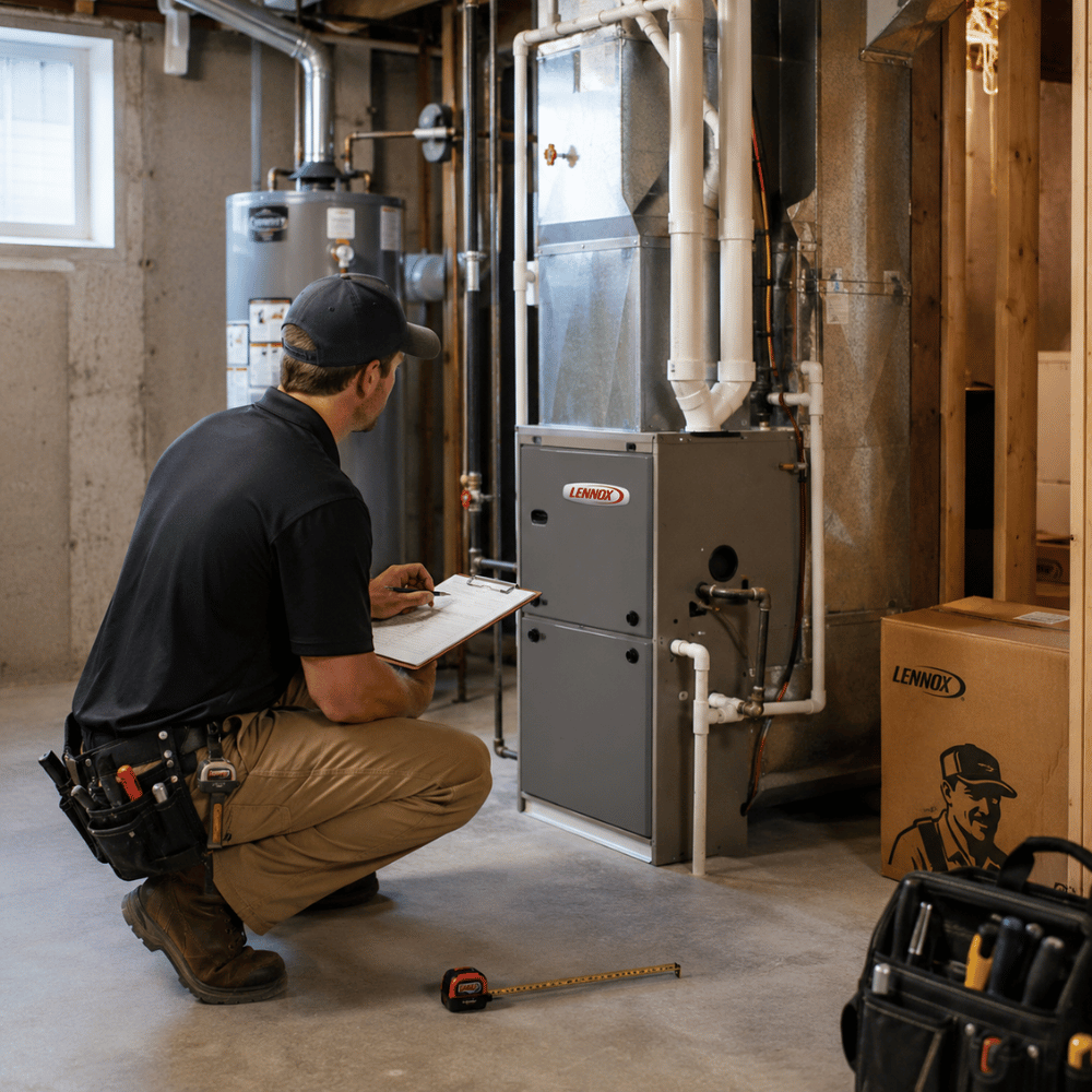 Technician kneeling and inspecting a Lennox furnace system in a basement with tools nearby.