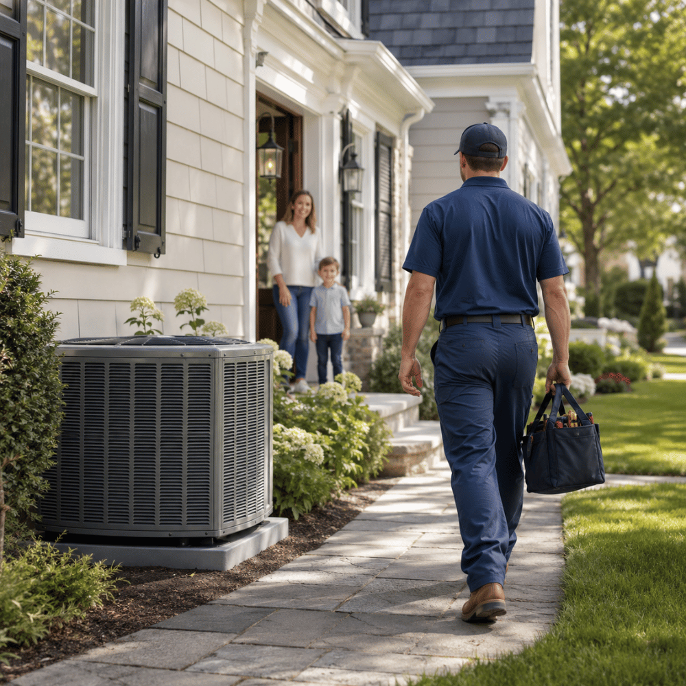 Technician repairing or installing an outdoor air conditioning unit at a house on a sunny day.