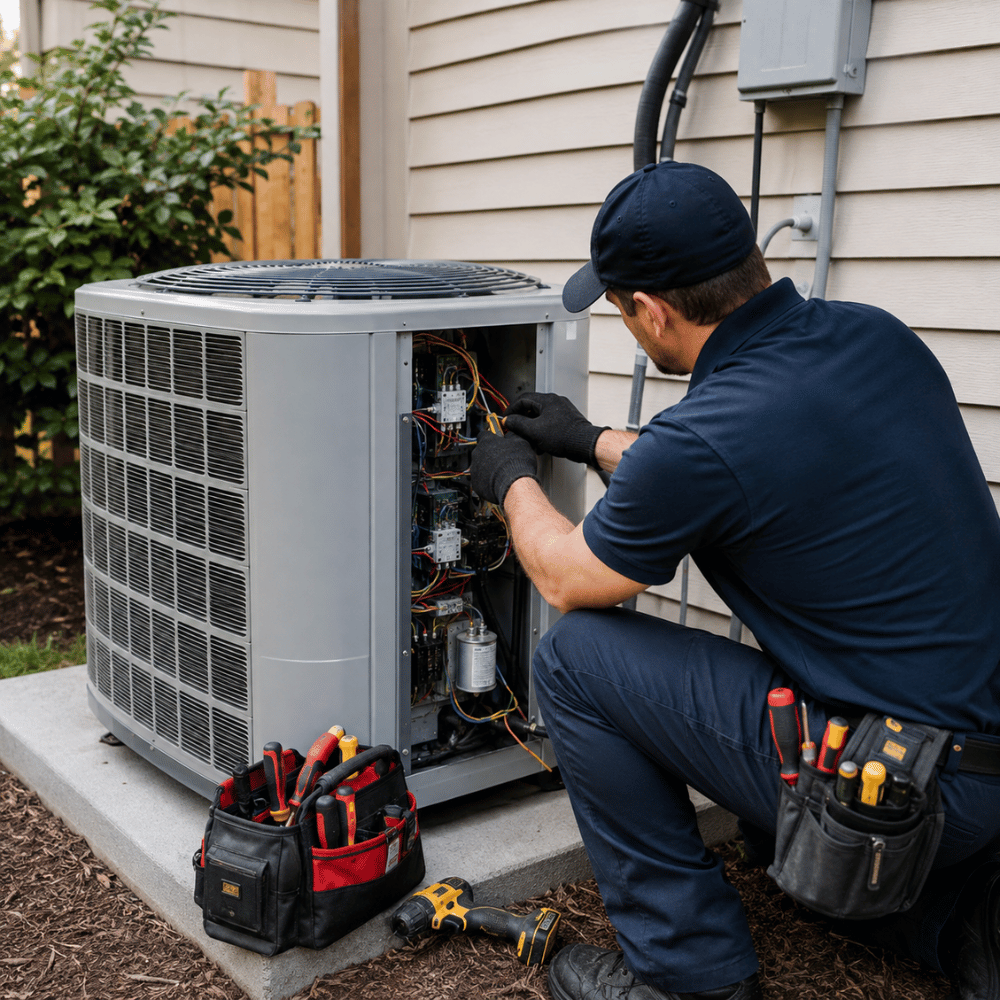 Technician in navy uniform repairing an outdoor air conditioning unit with tools nearby.