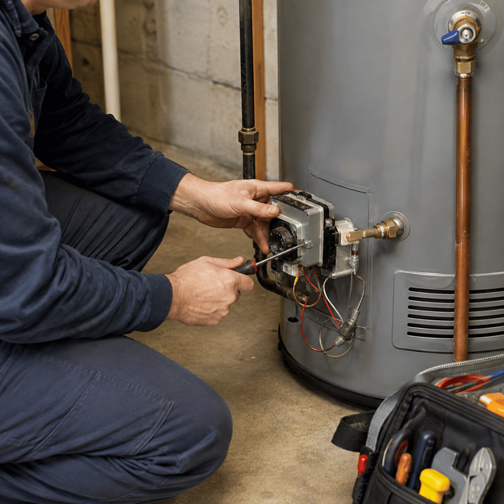 Technician in blue uniform repairing or adjusting a water heater with a screwdriver and tools nearby.