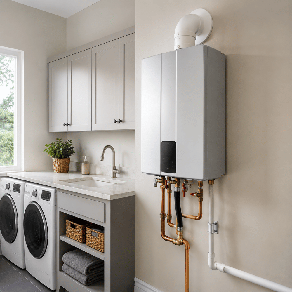 Laundry room with a tankless water heater mounted on the wall next to a washer, dryer, and sink with cabinets.