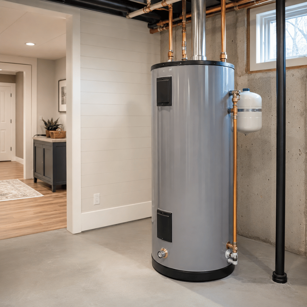 Modern gray water heater with copper piping installed in a clean basement corner near a window.