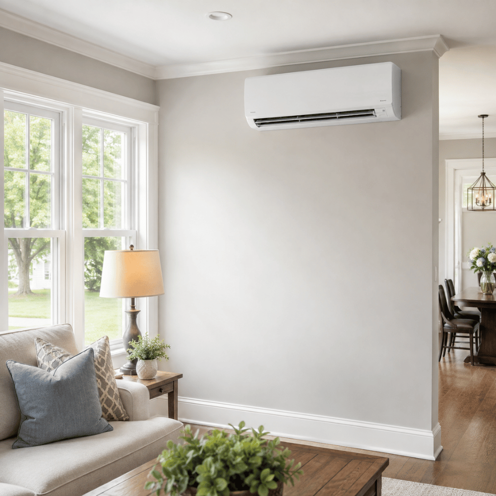Living room with wall-mounted air conditioner, beige sofa, wooden table, lamp, and large window.