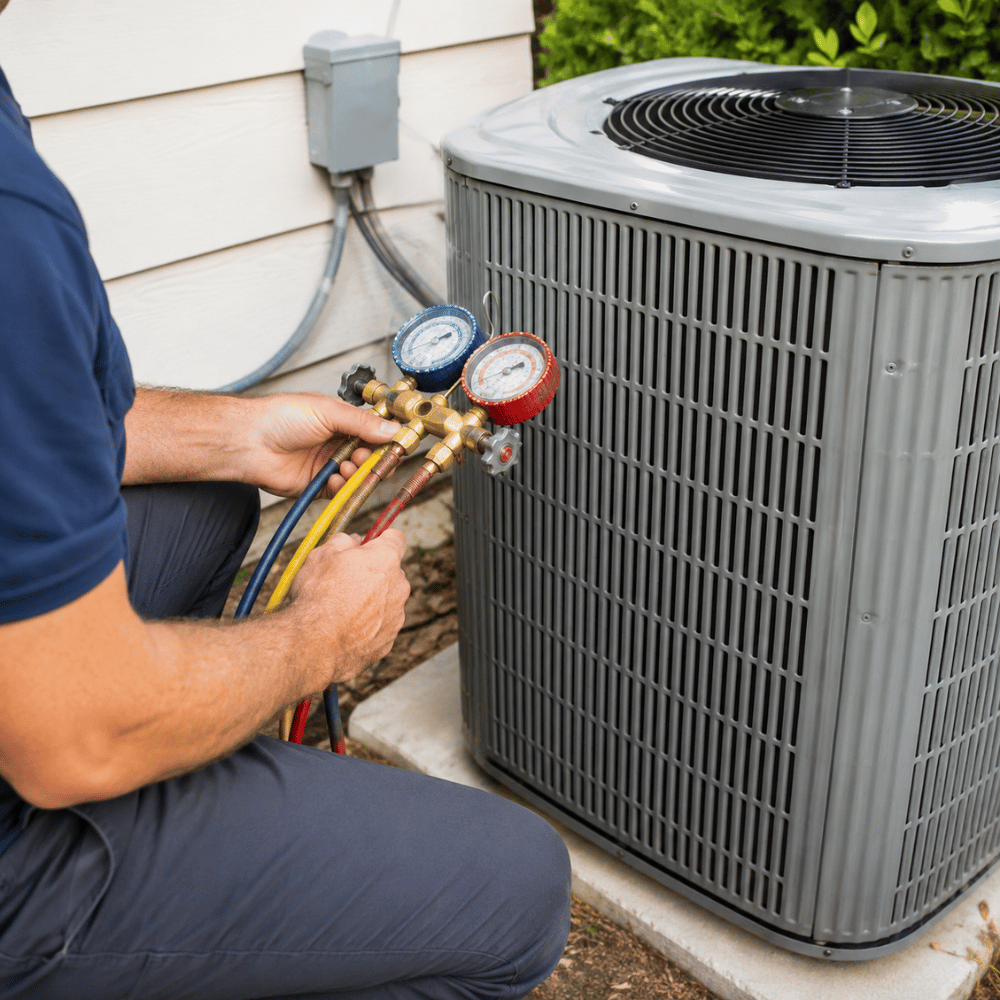 Technician using gauges to check pressure on a residential outdoor air conditioning unit.