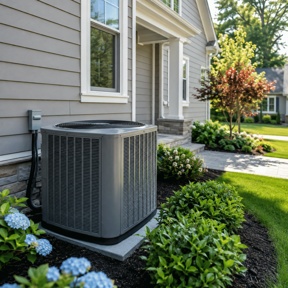 Outdoor air conditioning unit beside a house with green bushes and flowers in a landscaped yard.