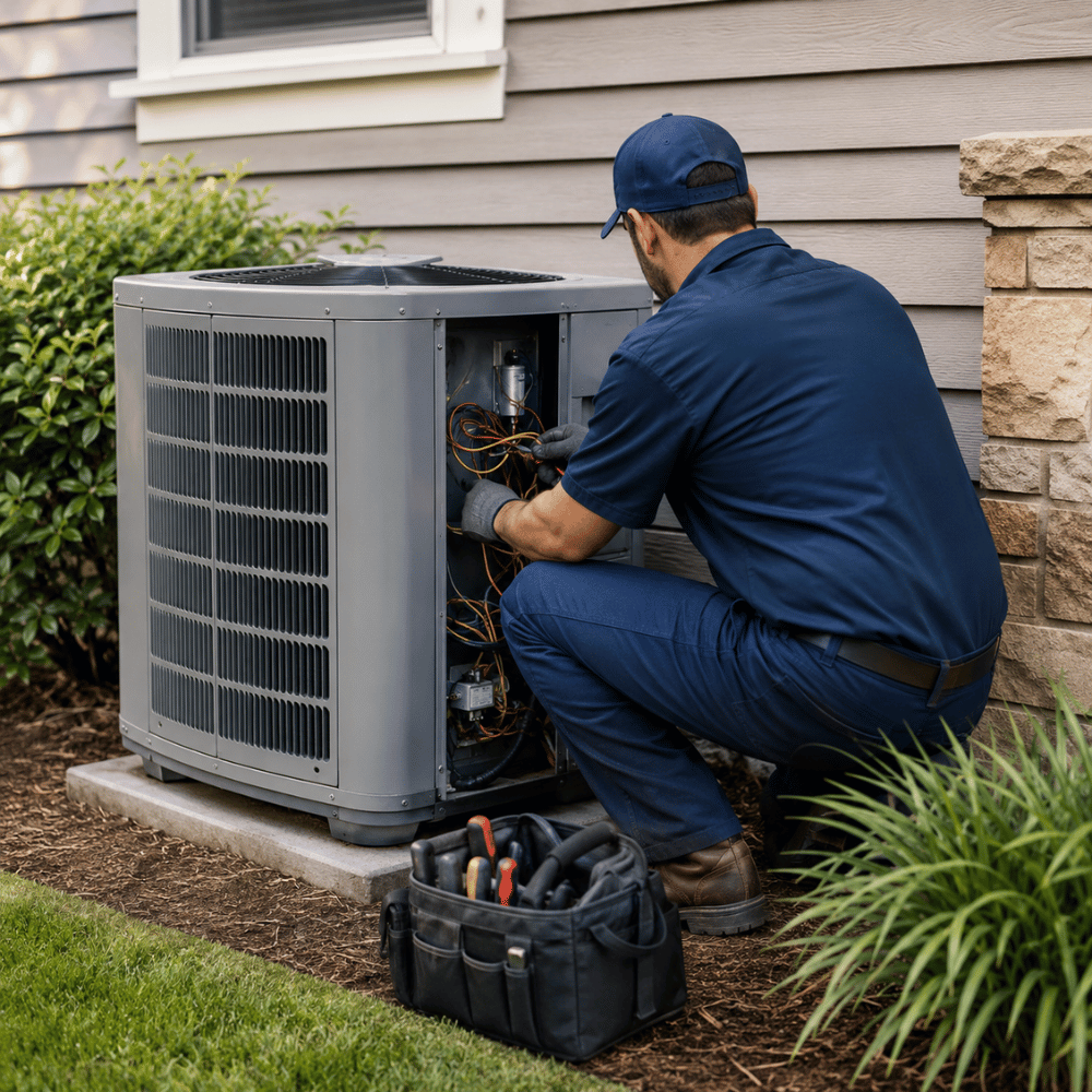 Technician in blue uniform repairing an outdoor air conditioning unit beside a house.