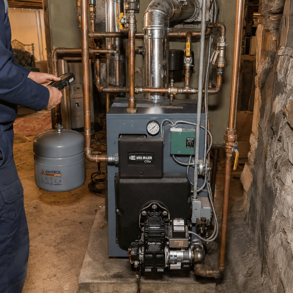 Technician adjusting a Weil-McLain CGa boiler with copper pipes and an Amtrol expansion tank.