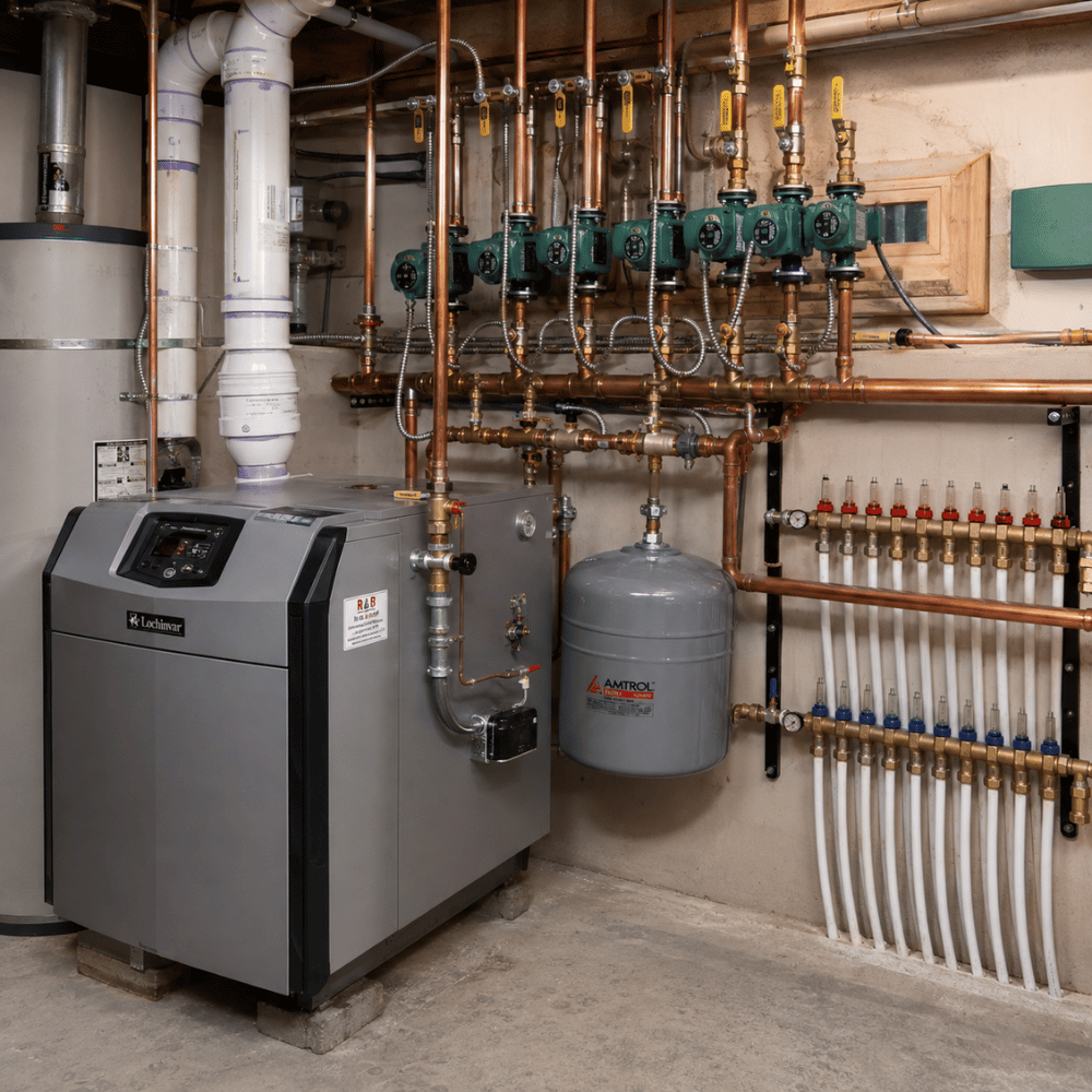 Basement boiler system with copper pipes, valves, expansion tank, and manifold for distributing water.