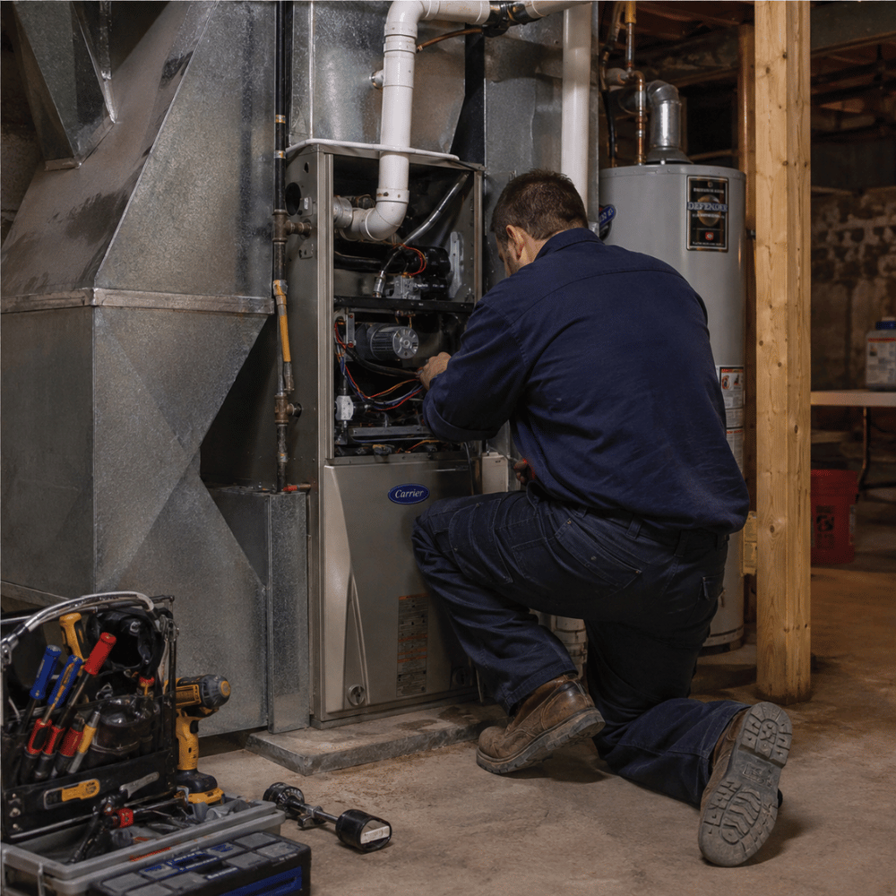 Technician in work clothes kneeling and repairing a furnace system in a basement.