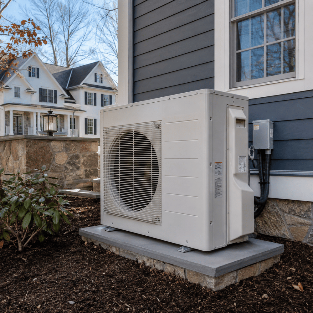 Outdoor air conditioning unit mounted on a concrete slab beside a dark blue house wall with a window above.