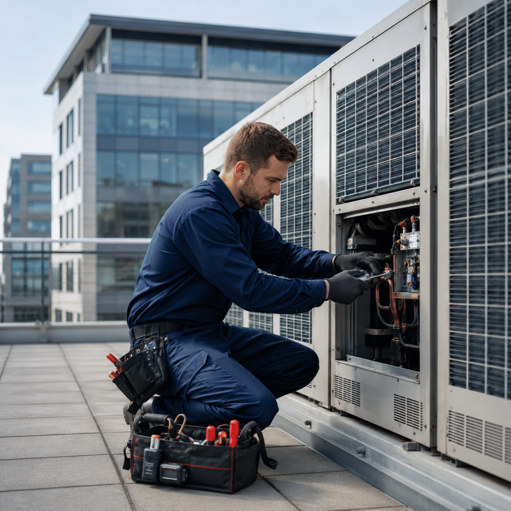 Technician repairing or installing an outdoor air conditioning unit at a house on a sunny day.