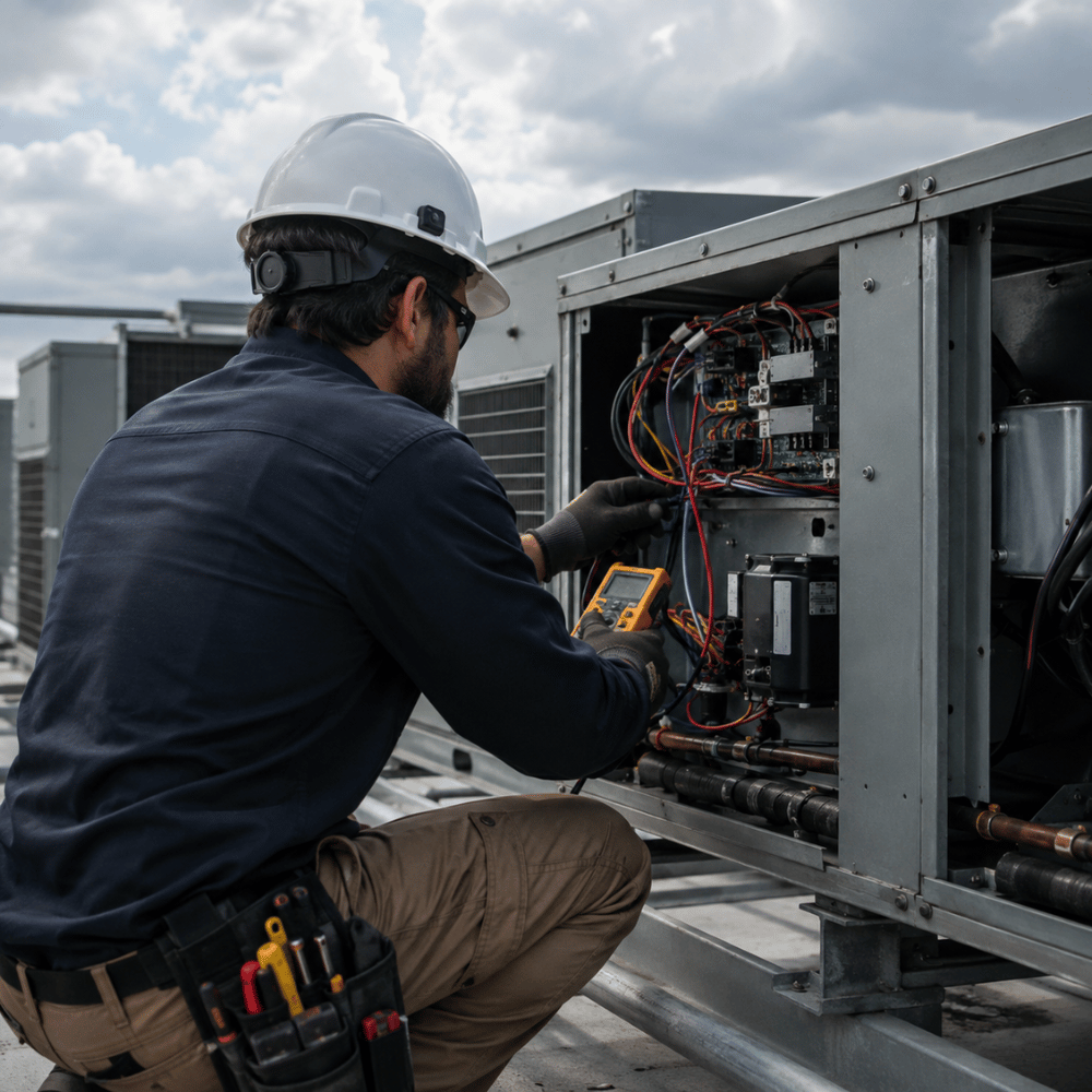 Technician in hard hat inspecting wiring inside an industrial HVAC unit on a rooftop.