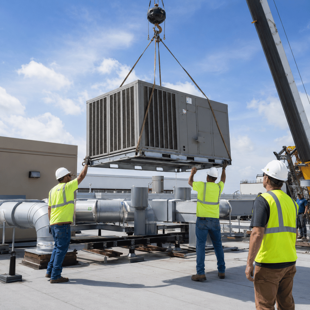 Construction workers in safety gear guiding a large air conditioning unit lifted by a crane on a rooftop.