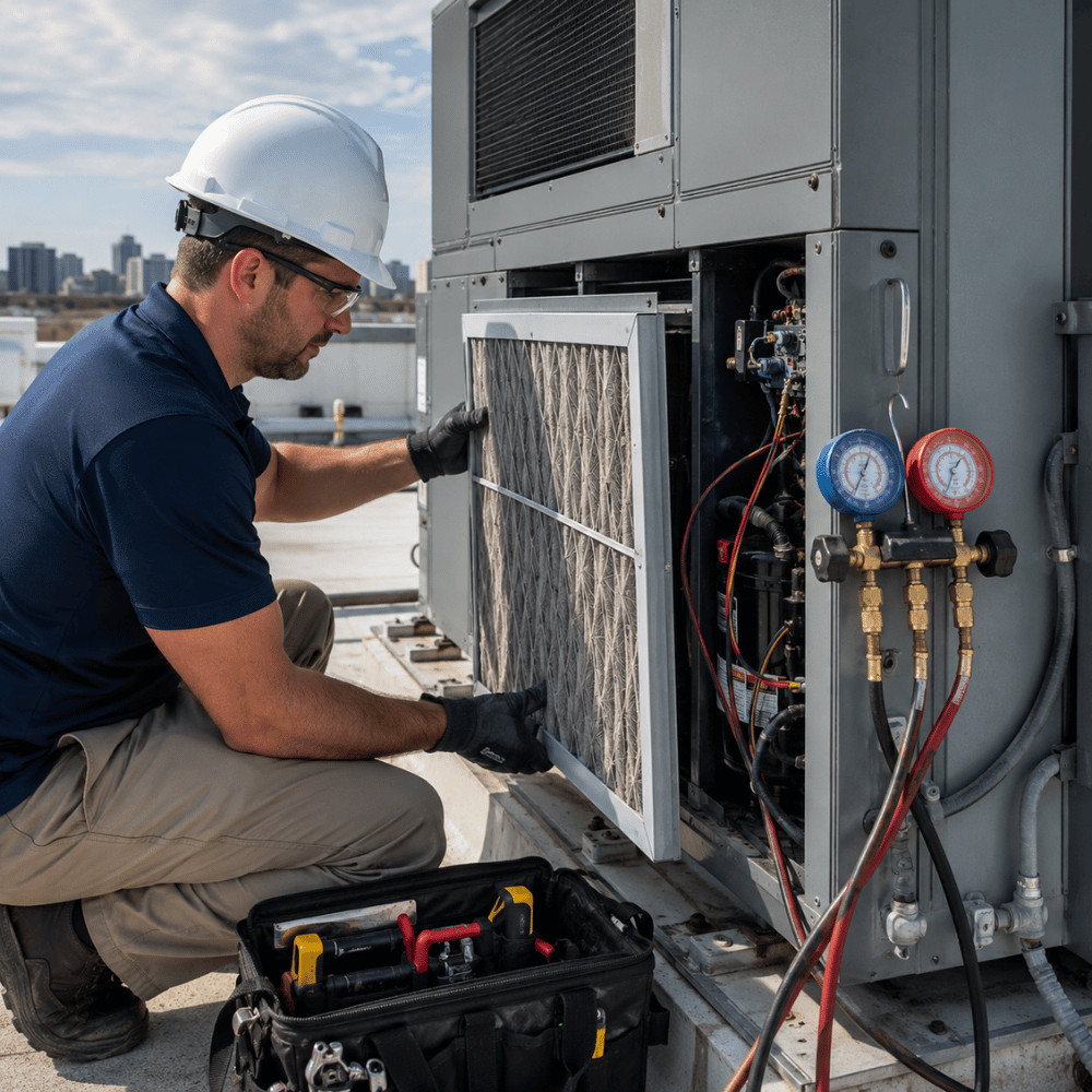Technician wearing a hard hat and gloves servicing an HVAC unit on a rooftop with tools nearby.
