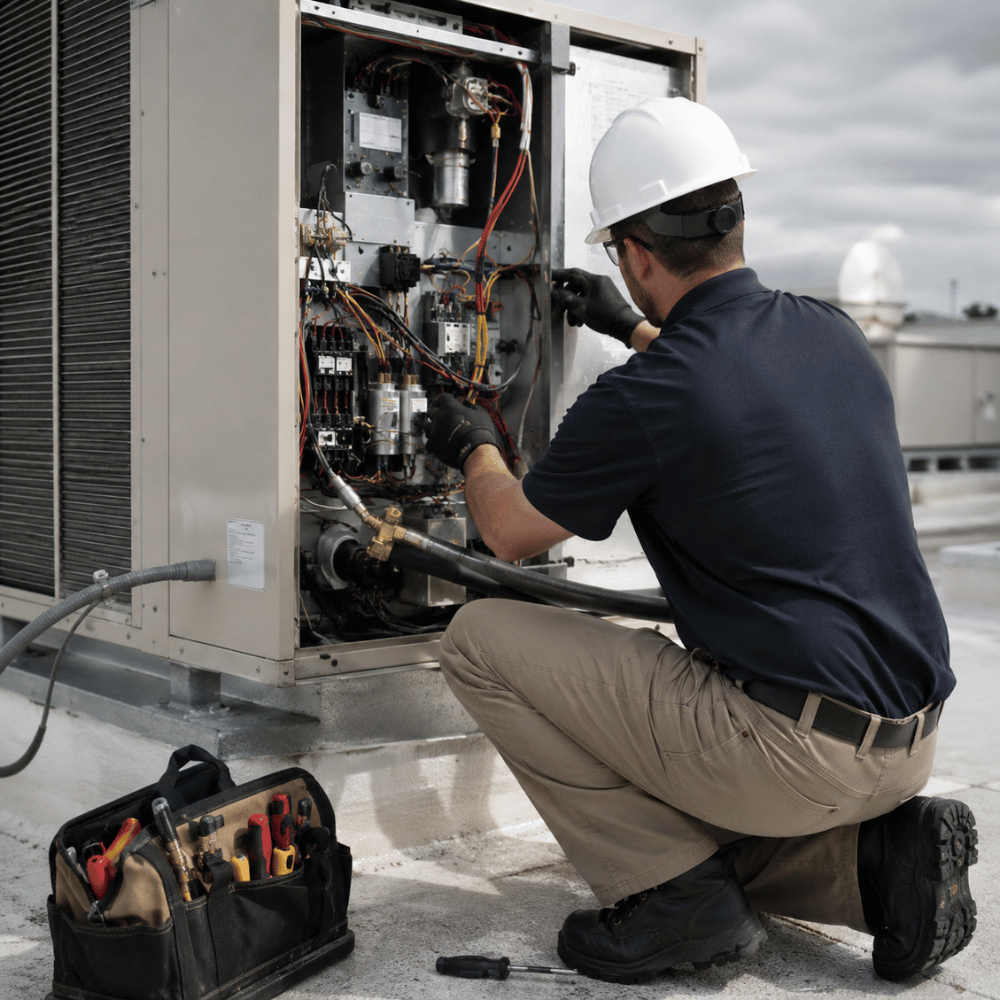 Technician in hard hat and gloves repairing rooftop HVAC unit with tools nearby.