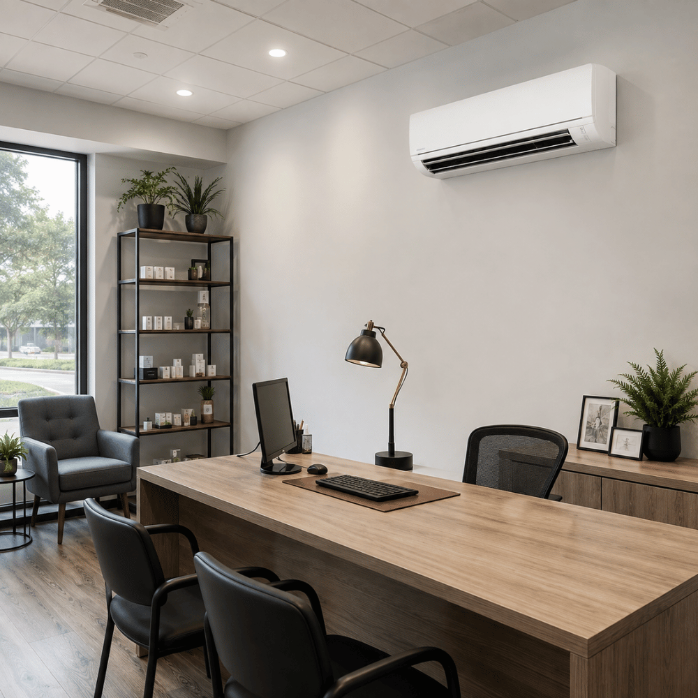 Modern office with wooden desk, computer, black chairs, shelving with plants and products, and wall-mounted air conditioner.