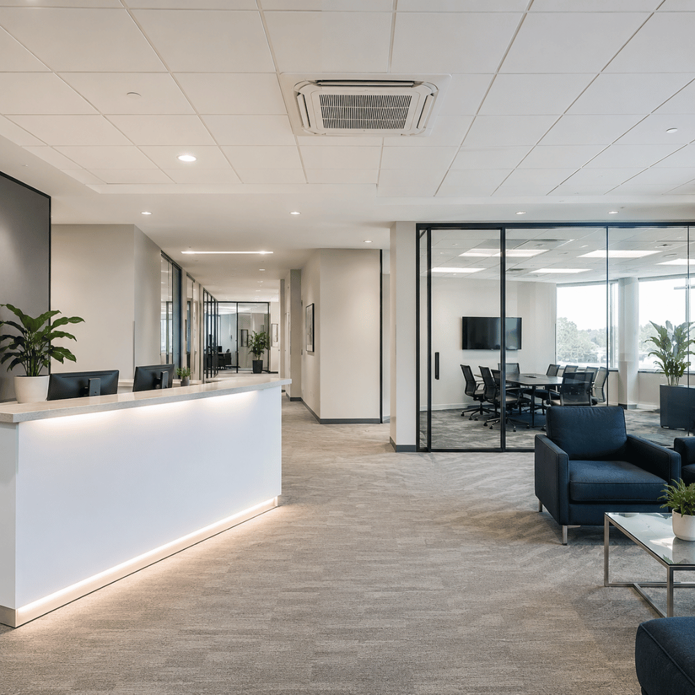 Modern office lobby with a white reception desk, glass-walled conference room, and blue armchairs.