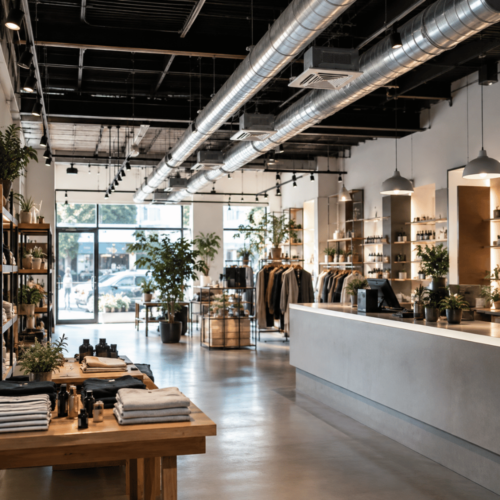 Modern clothing store interior with wooden tables, folded shirts, hanging clothes, and green plants.