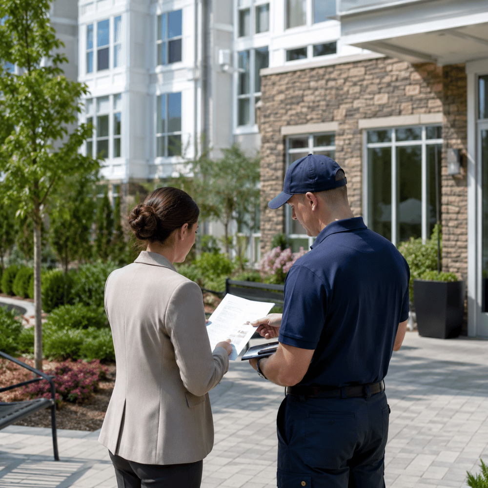 A woman in a beige blazer talks with a man in a navy uniform outside a residential building.