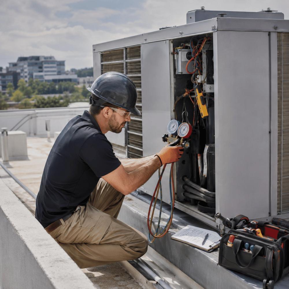 Technician wearing a hard hat using gauges to check rooftop HVAC unit performance.