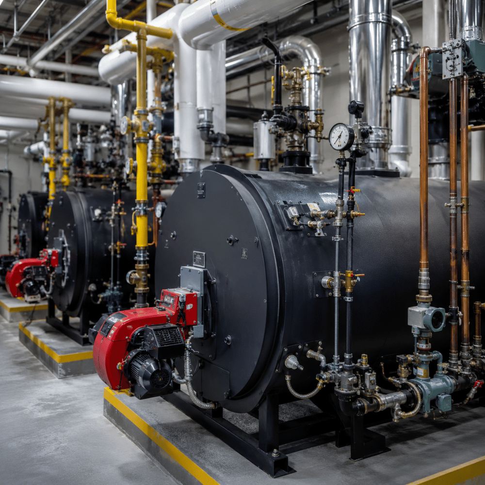 Industrial boilers with gauges and piping in a clean mechanical room.