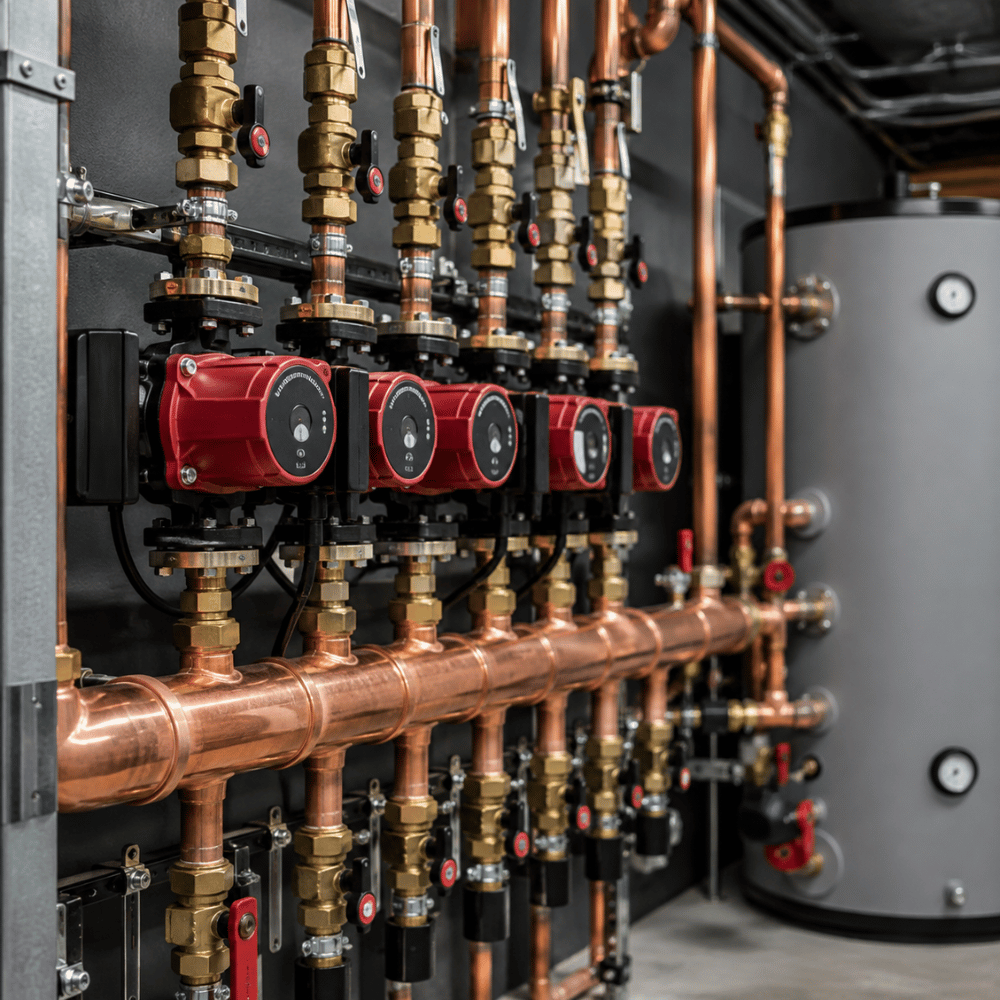 Copper pipes with red circulation pumps and a gray water heater tank in a utility room.