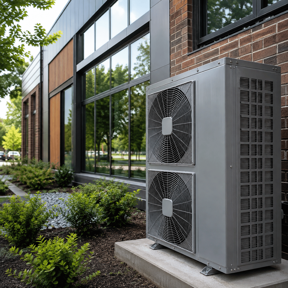 Outdoor air conditioning unit with two large fans next to a commercial building with windows and plants.