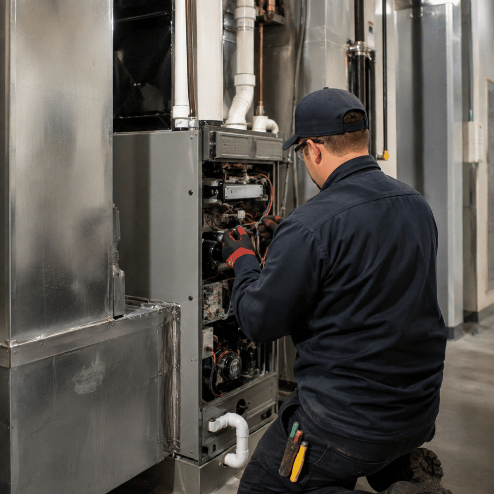 Technician in navy workwear repairing an industrial HVAC system indoors.