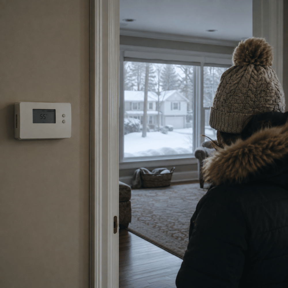 Person in winter hat and coat looking out window at snowy suburban neighborhood, thermostat shows 55°F.