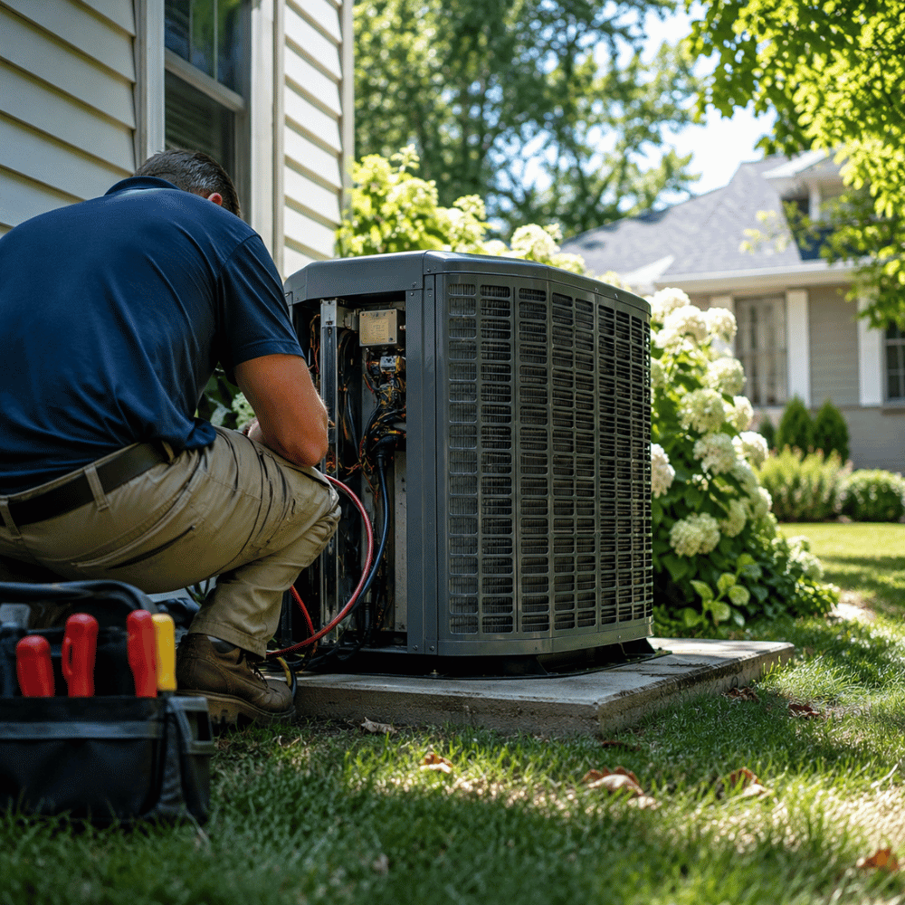 Technician repairing an outdoor air conditioning unit next to a house on a sunny day.