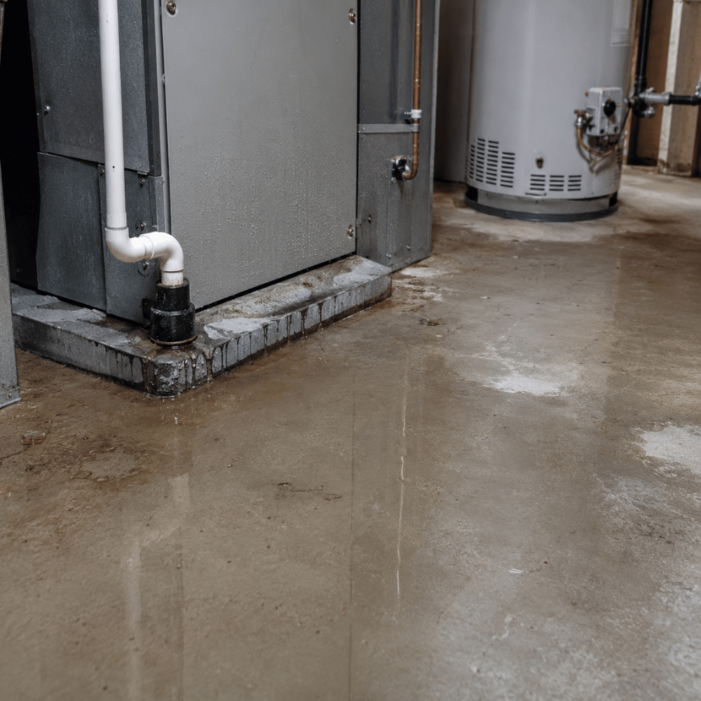 Wet basement floor with water pooling near a furnace and water heater unit.