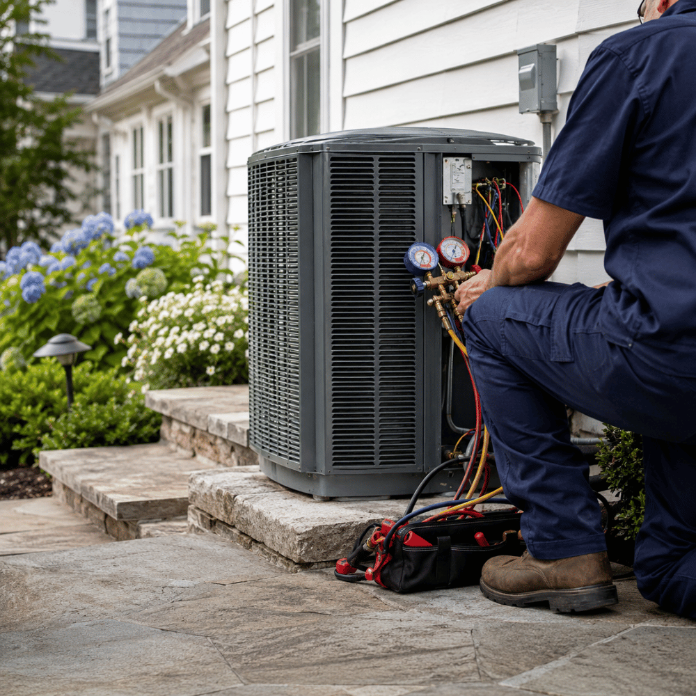 Technician repairing or installing an outdoor air conditioning unit at a house on a sunny day.
