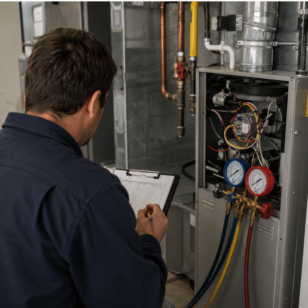 Technician in dark shirt inspecting HVAC unit with gauges and taking notes on a clipboard.