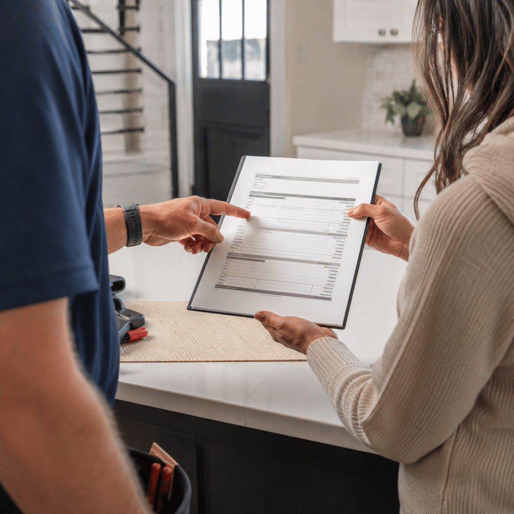 Two people reviewing a document with tables, one person pointing at details on the paper over a kitchen counter.