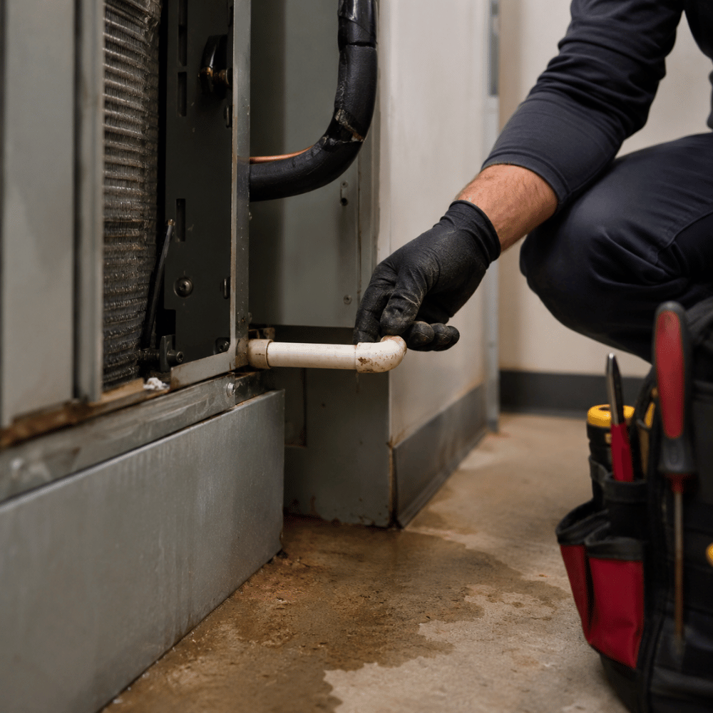 Technician wearing black gloves checking a white PVC pipe connected to HVAC unit with tools nearby.