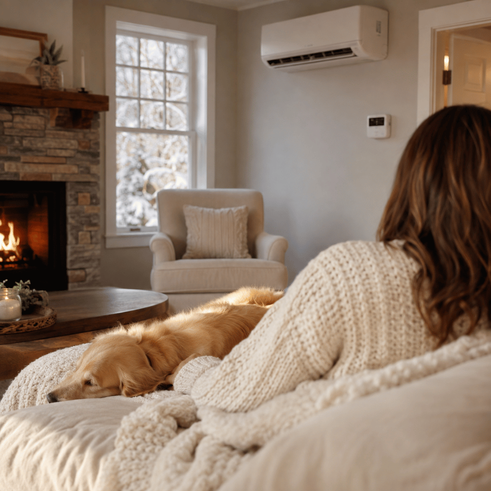 Woman in cozy knit sweater sitting on couch with golden retriever lying beside her near fireplace.
