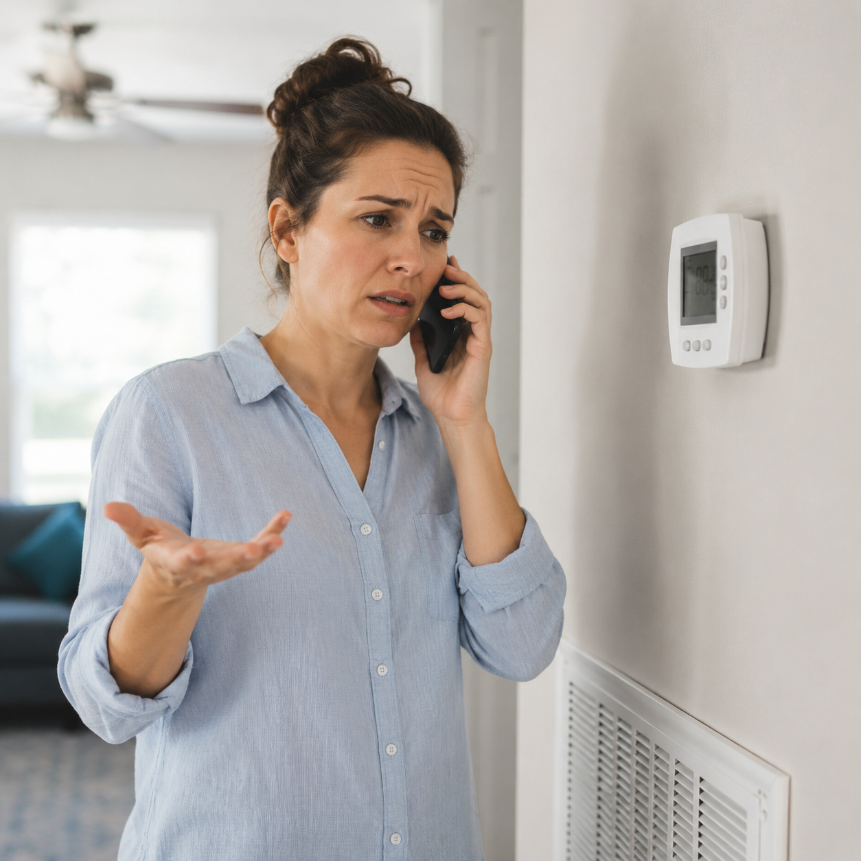 Worried woman talking on phone, gesturing near a wall thermostat in a living room.