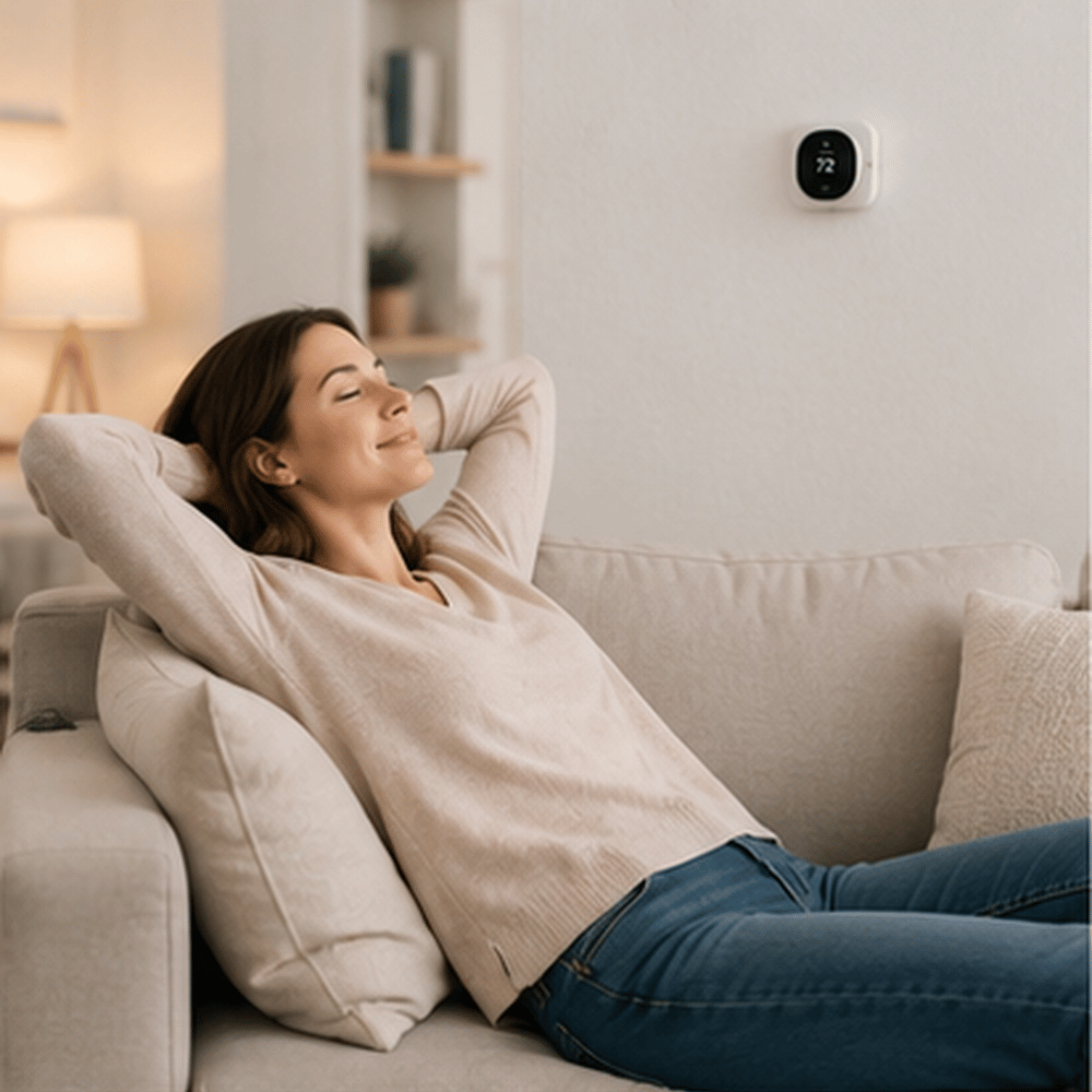 Woman relaxing on a beige couch with hands behind head, thermostat set at 72 degrees on wall.