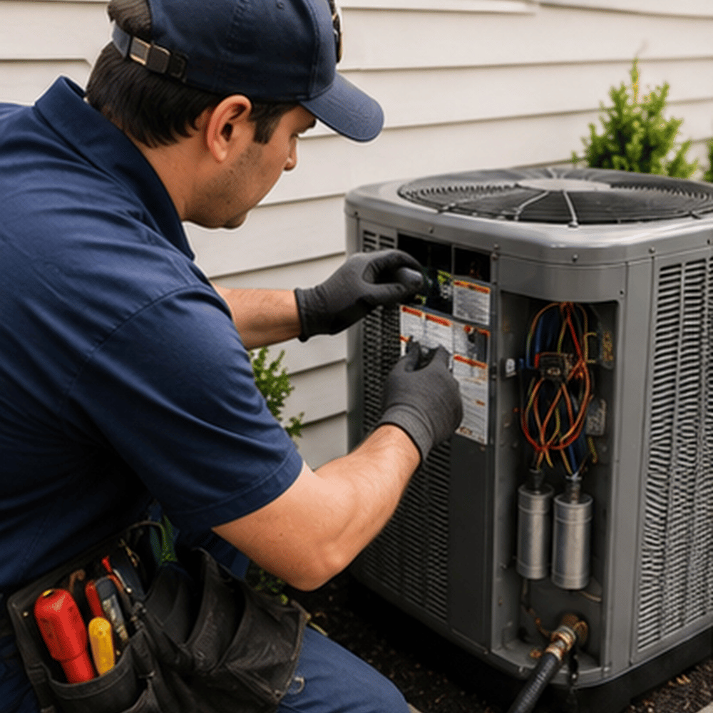 Technician repairing or installing an outdoor air conditioning unit at a house on a sunny day.
