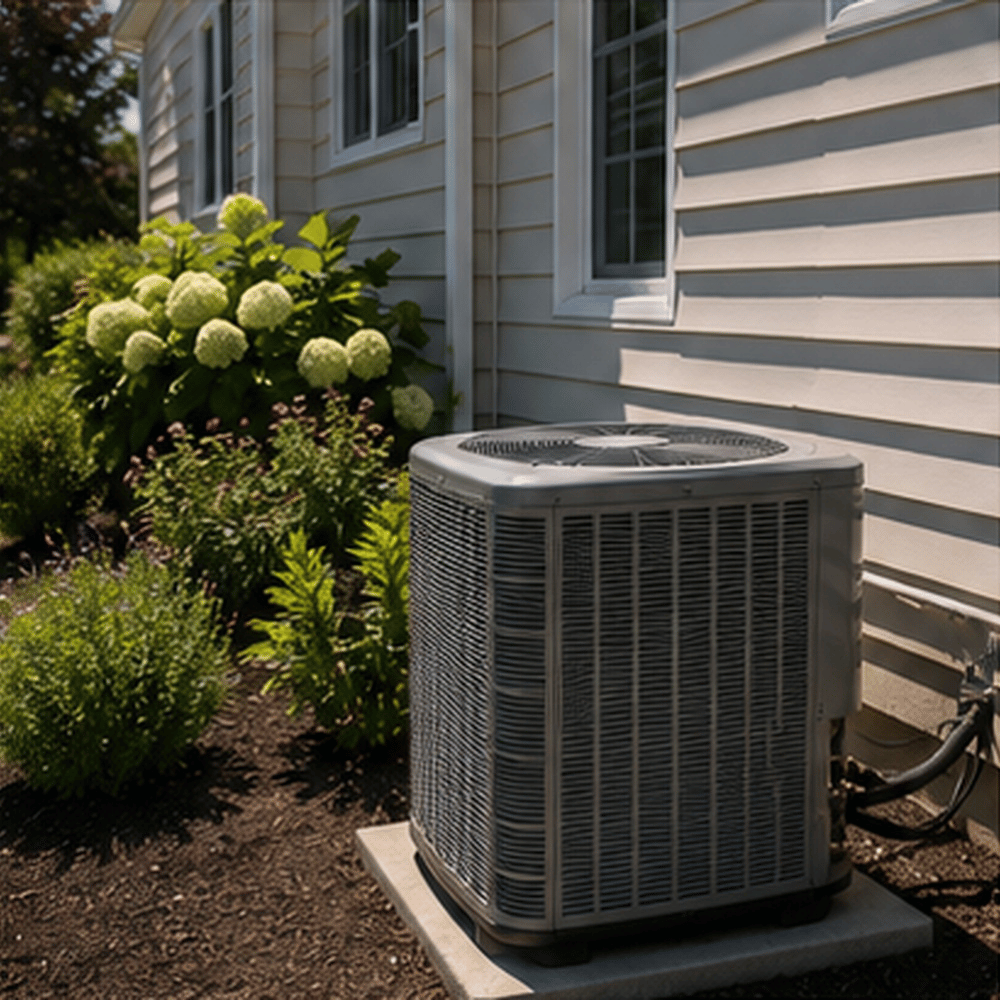 Outdoor air conditioning unit on concrete pad beside house with beige siding and garden plants.